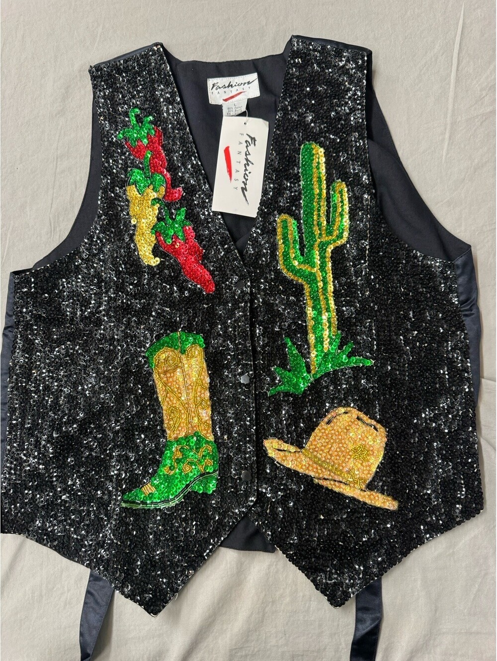 Vintage Fashion Fantasy Sequin Vest Women's L - Western Cactus Boots Hat Chili
